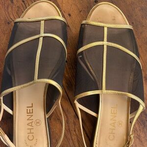 Chanel Women's Black Mesh and Gold Trim Sandals